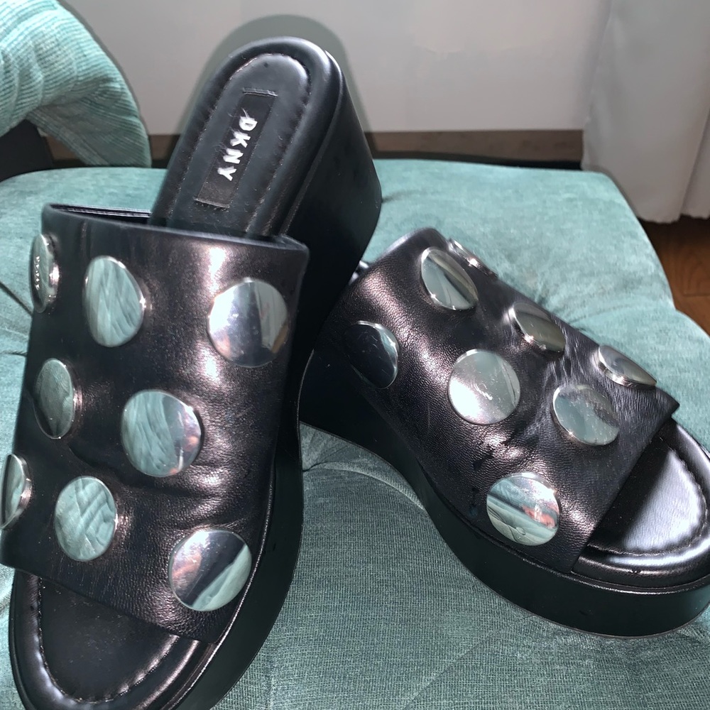 DKNY Black Wedge Heel Slides with Mirrored Design